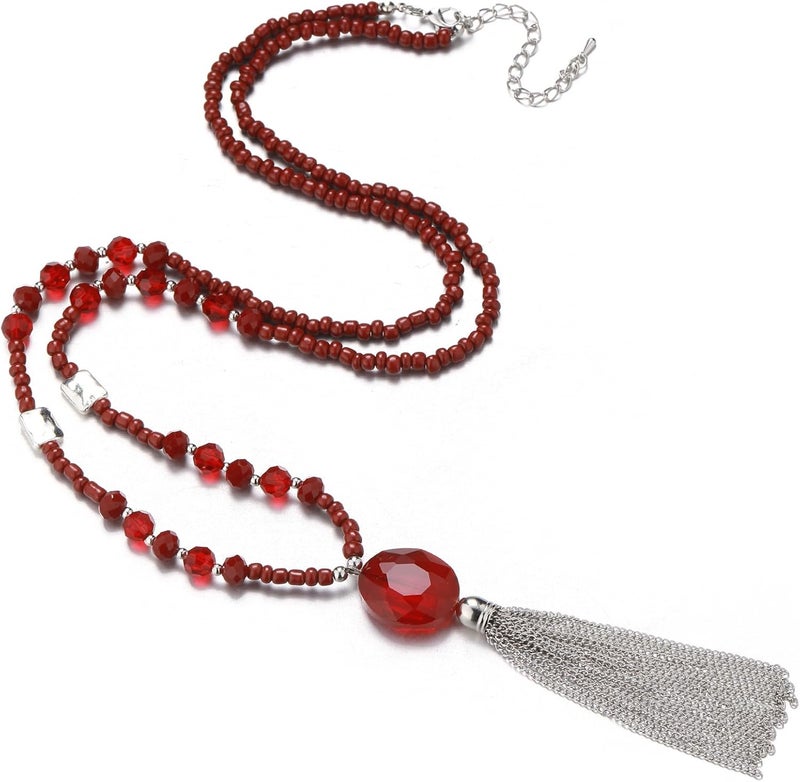 BULINLIN Boho Beaded Long Necklaces for Women Chunky Bead Pendant Necklace with Crystal Tassel Costume Jewelry Gifts for Her - Image 1